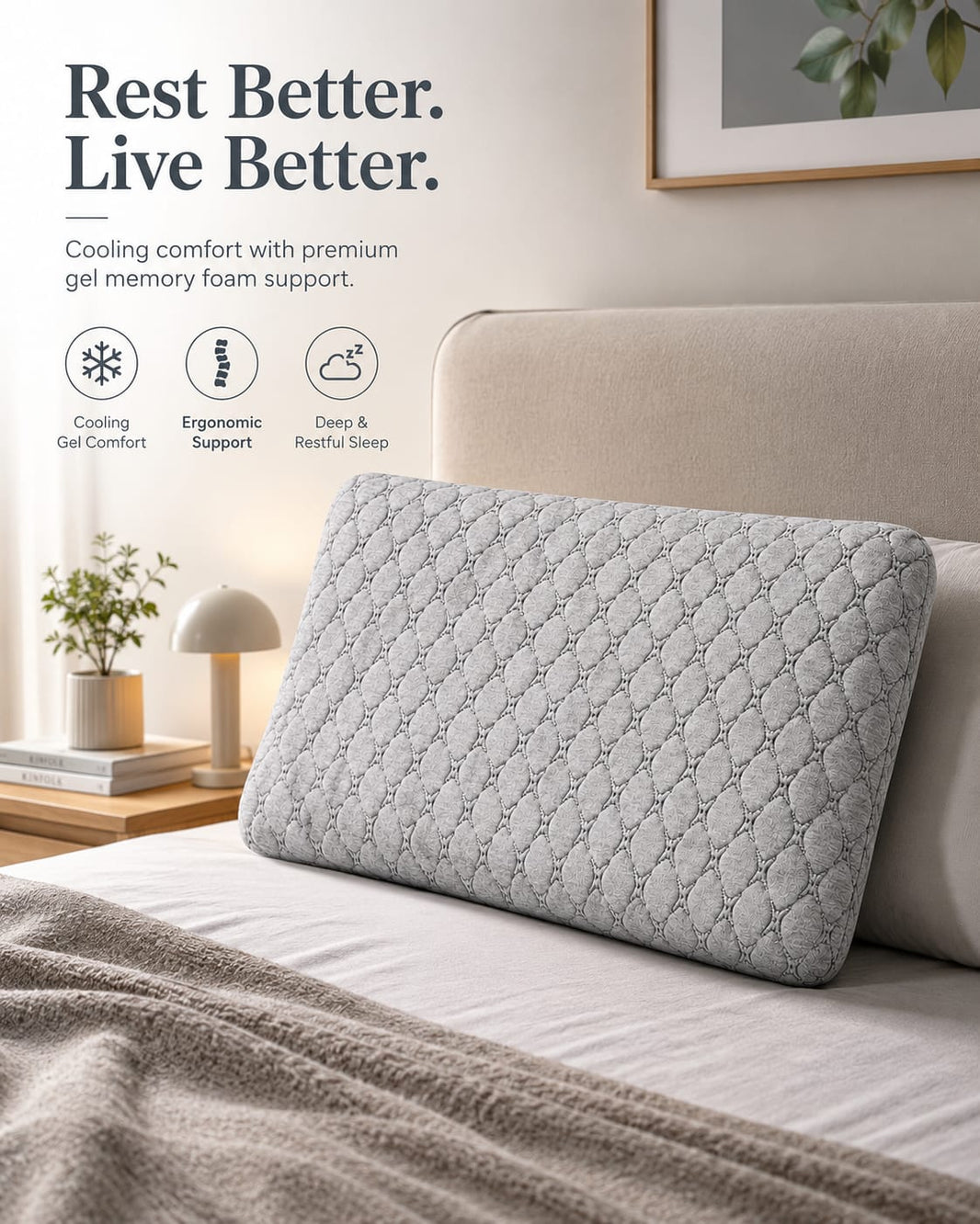 COO RIZZ Standard Gel Pinhole Memory Foam Pillow – Cooling Comfort, Ergonomic Support for Spinal Alignment