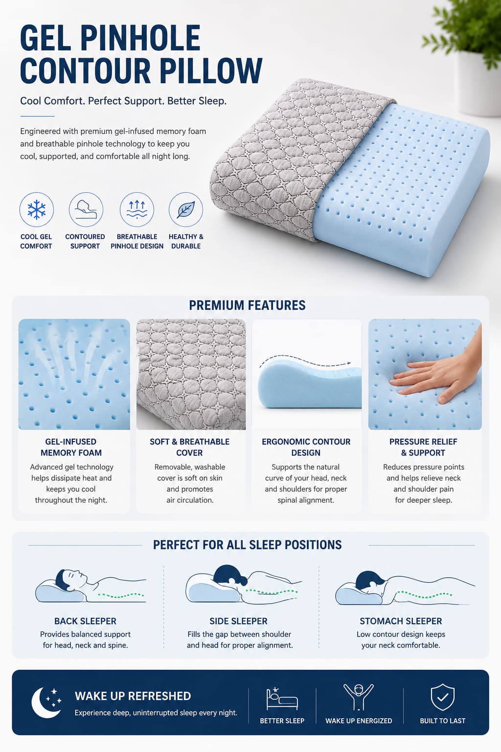 COO RIZZ Contour Cooling Gel Pinhole Memory Foam Pillow
