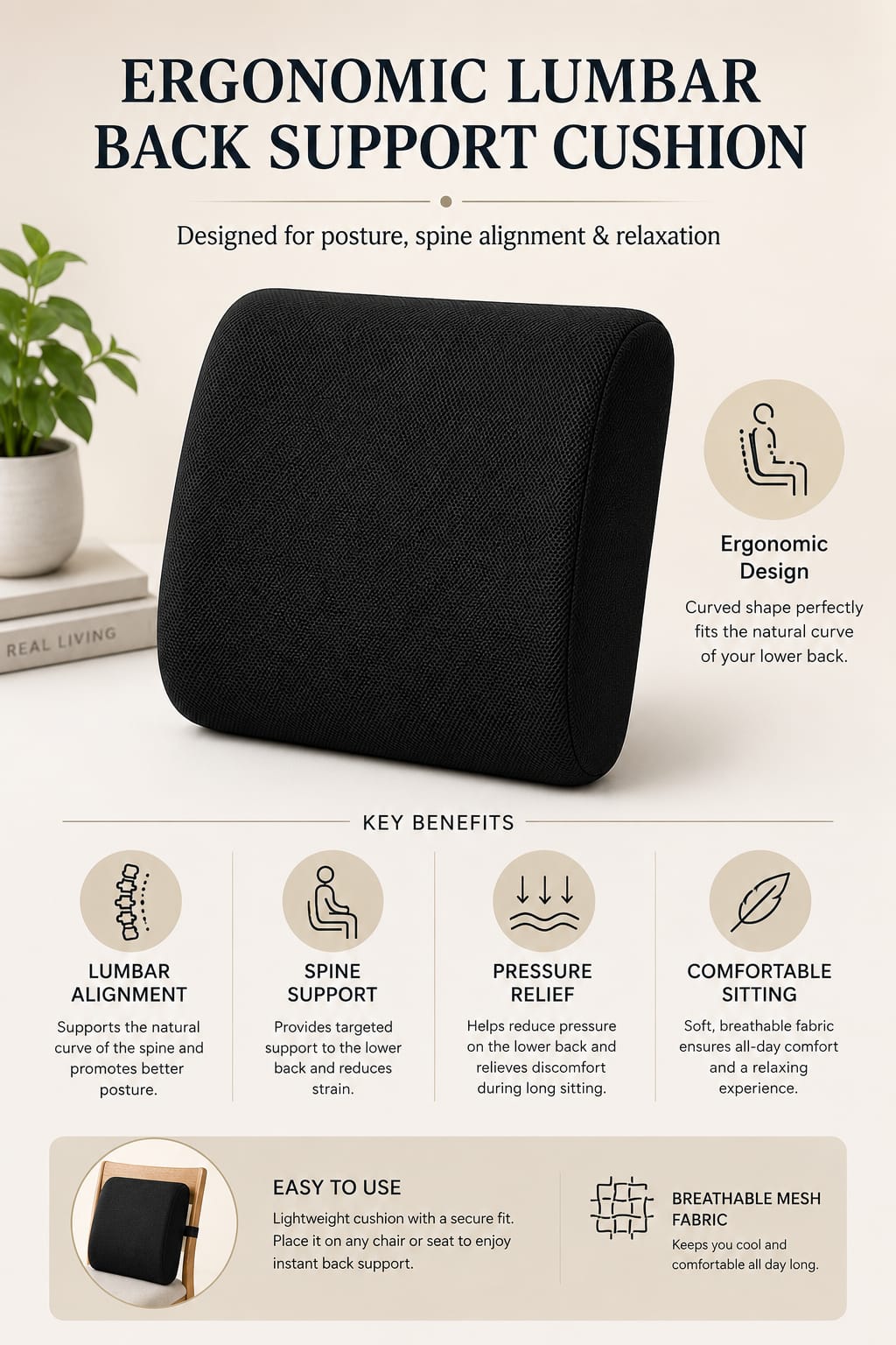 COO RIZZ Small Lumbar Back Rest – Ergonomic Lumbar Support Cushion